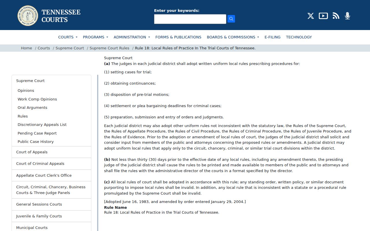 Tennessee Supreme Court Rule 18 local rules page