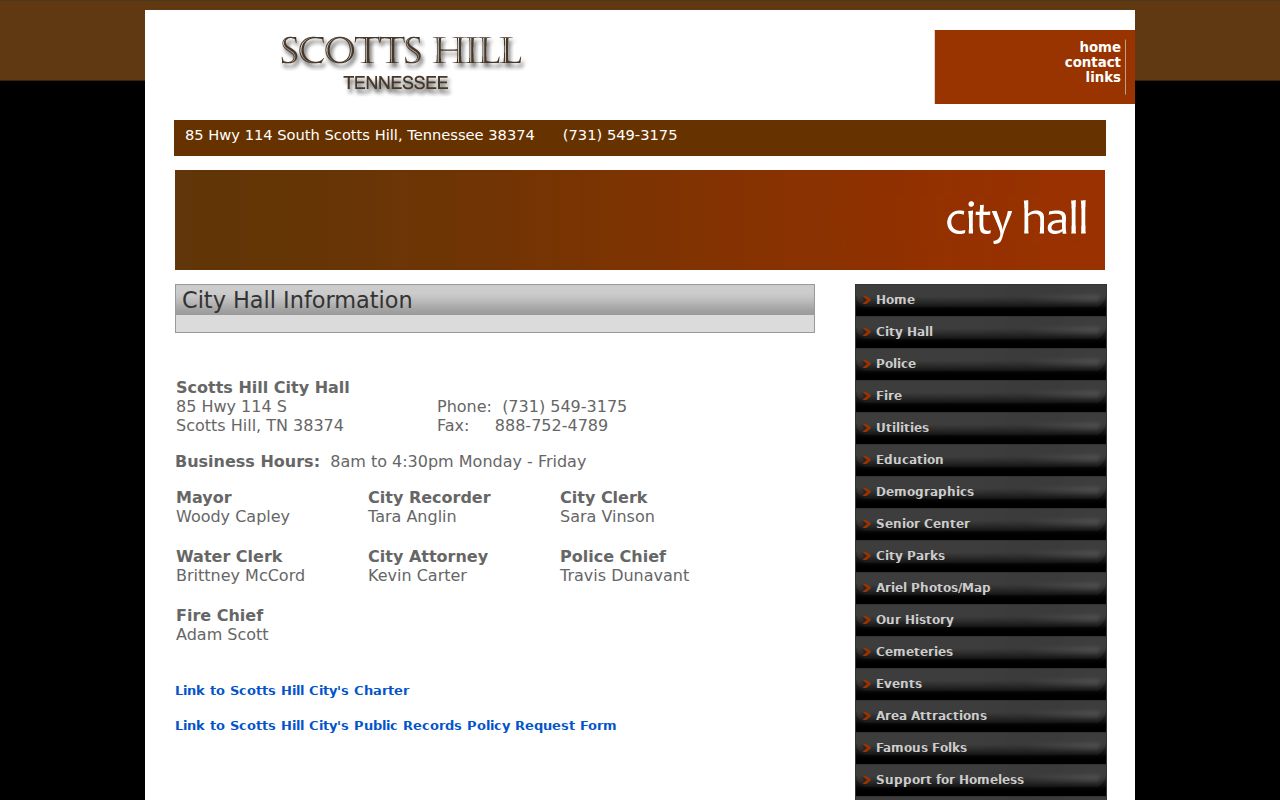 Scotts Hill City Hall contact information for docket requests